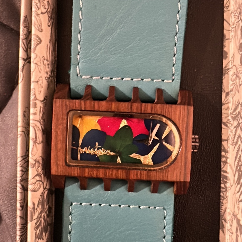 Colorful Wooden Watch with Blue Strap